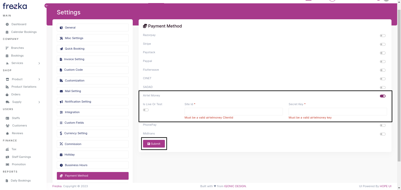 Airtel Money Payment Setting