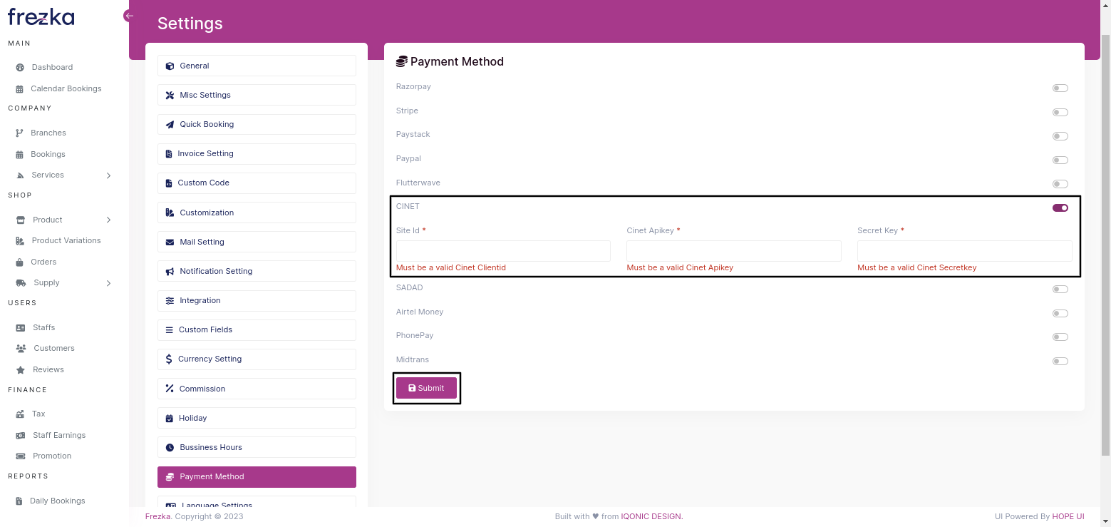 CinetPay Payment Setting