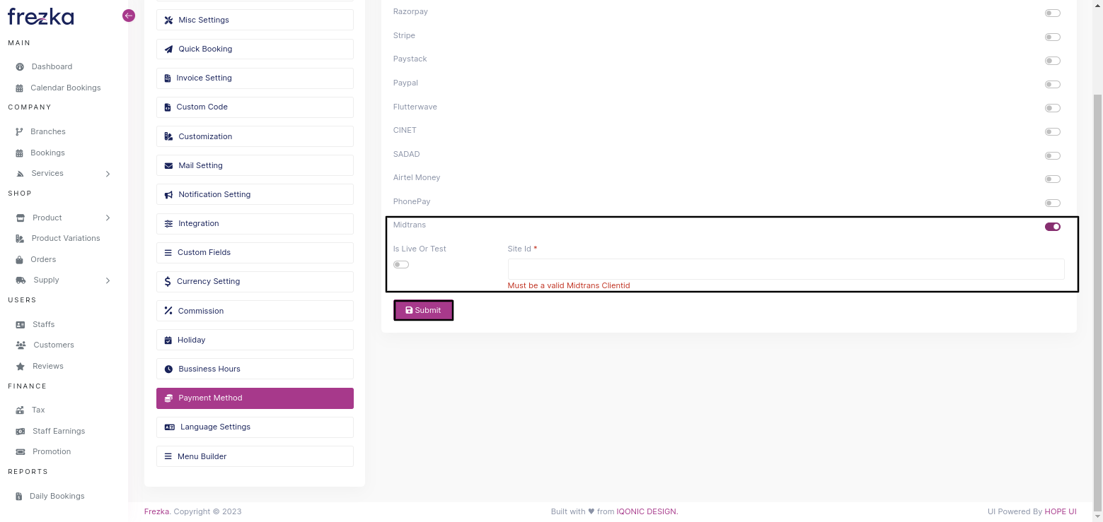 Midtrans Payment Setting