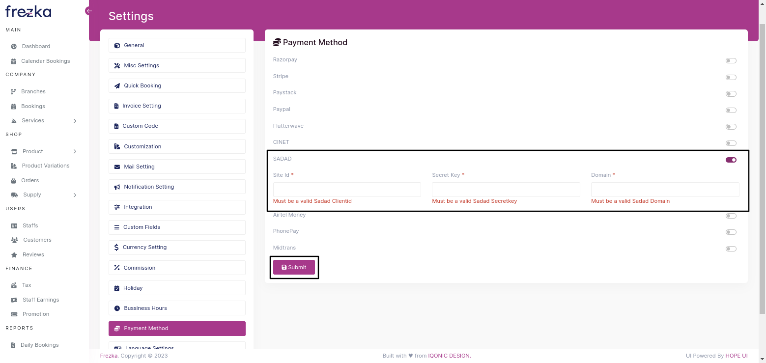 Sadad Payment Setting