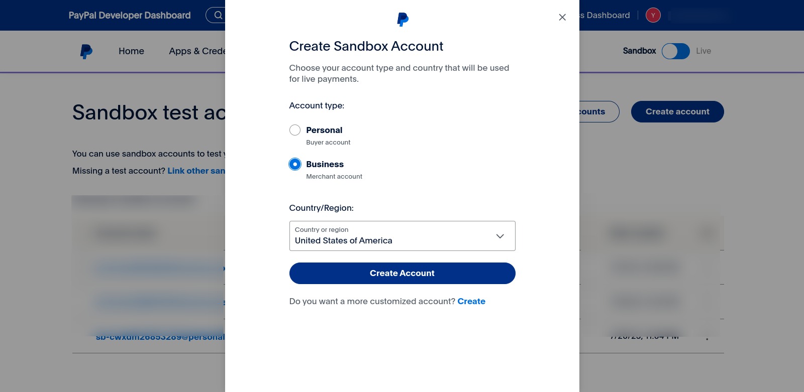 PayPal Business Account - Create Sandbox Account