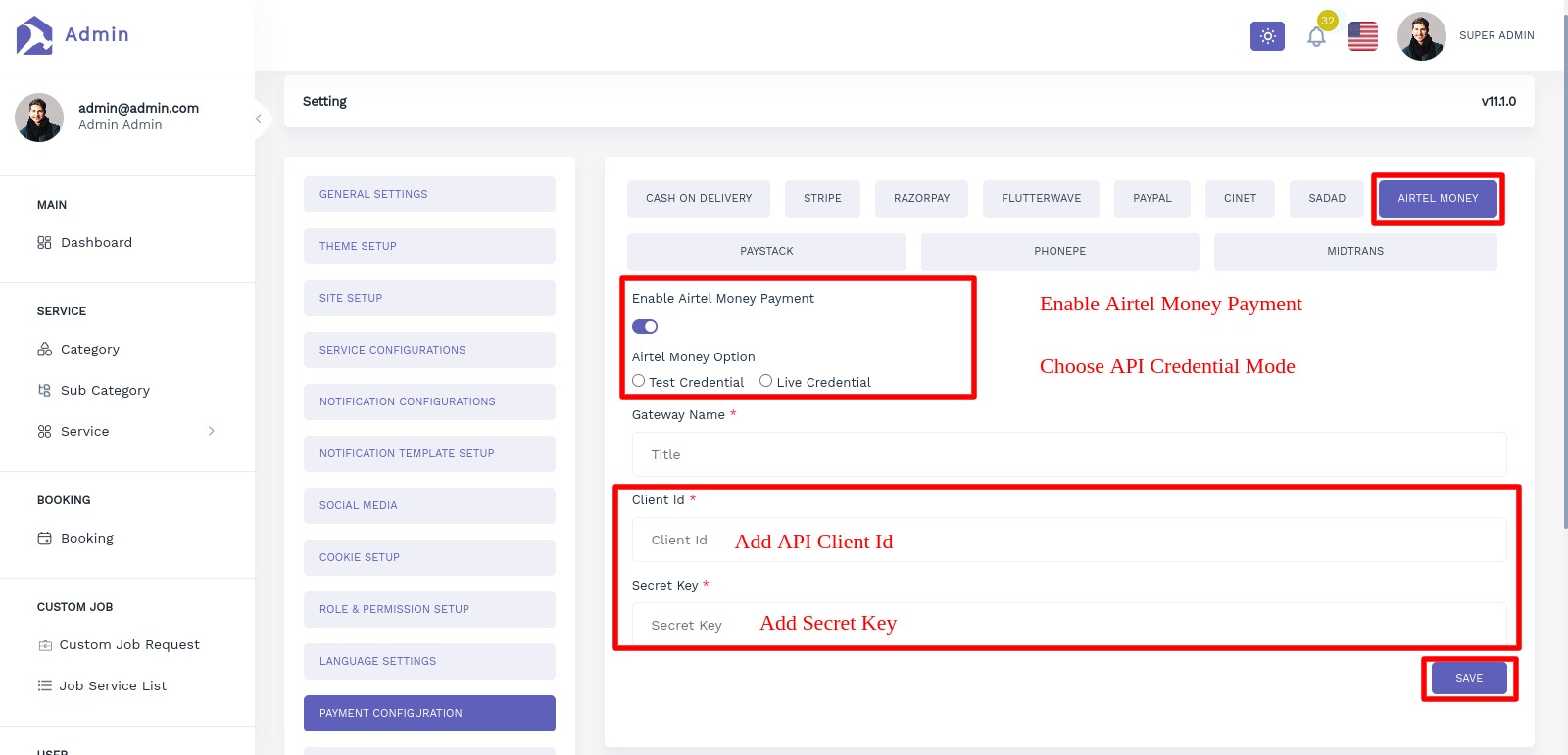 Handyman Service - Airtel Money Payment Setting