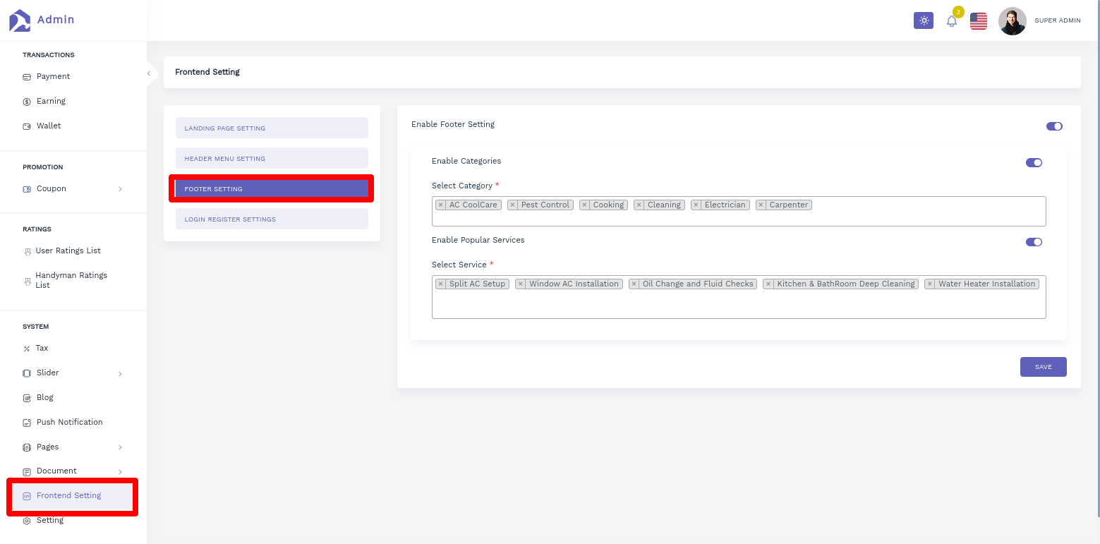 Landing Page Footer Settings