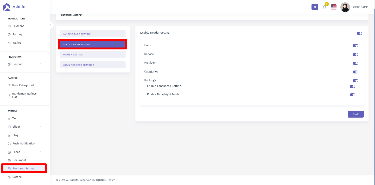 Landing Page Header Settings