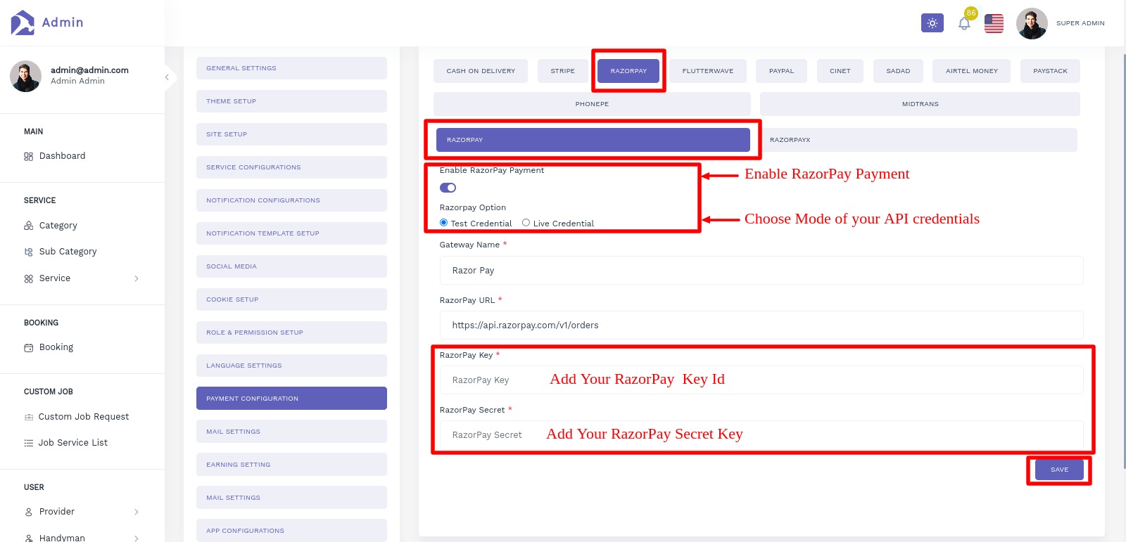 Handyman Service - Razorpay Setting