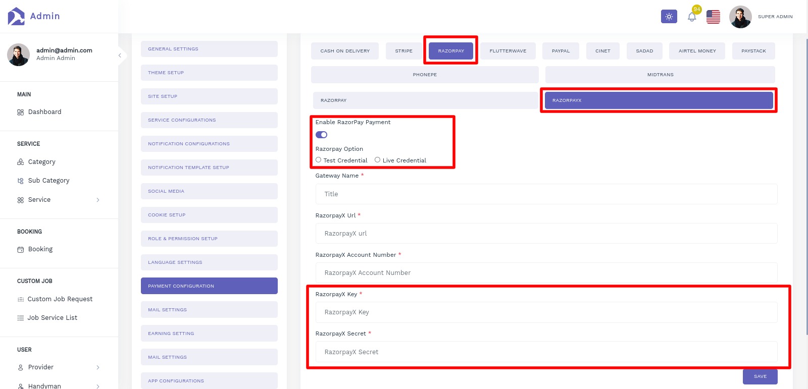 Handyman Service  - Razorpay Setting