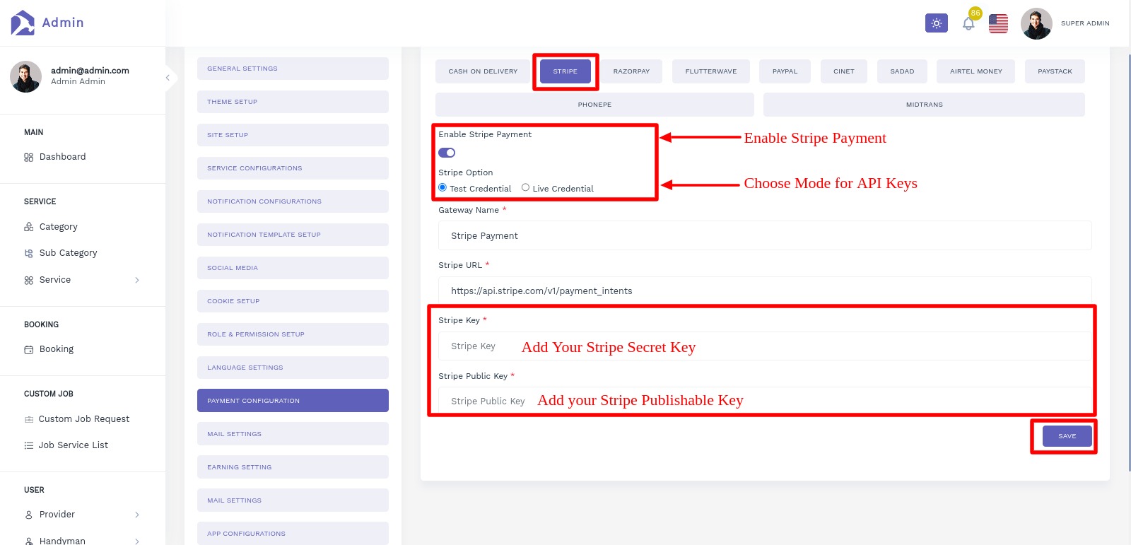 Handyman Service - Stripe Payment Setting