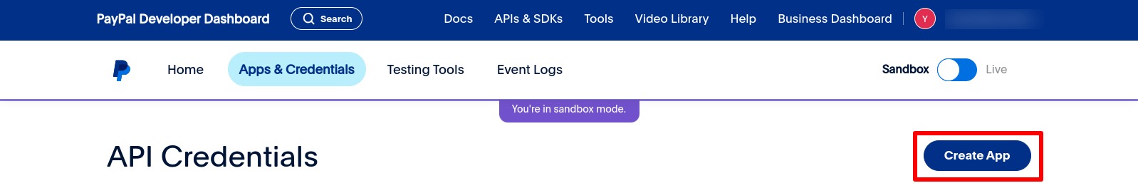 PayPal Business Account - Create App