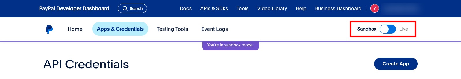 PayPal developer dashboard - Apps &amp; Credentials