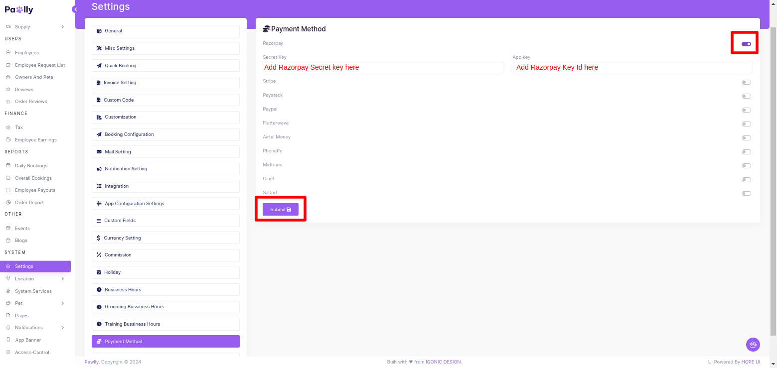 Pawlly - Razorpay Setting