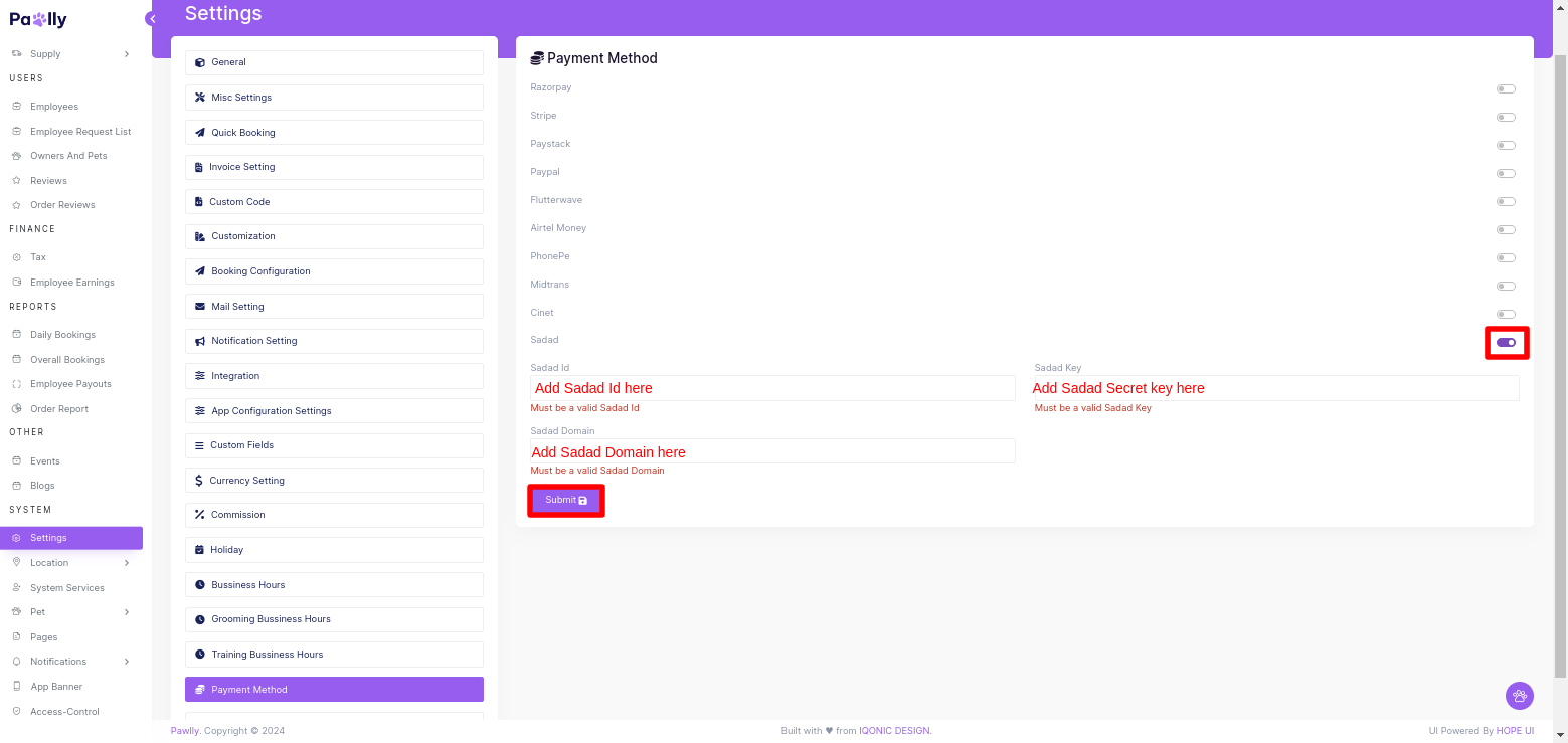 Pawlly - Sadad Payment Setting