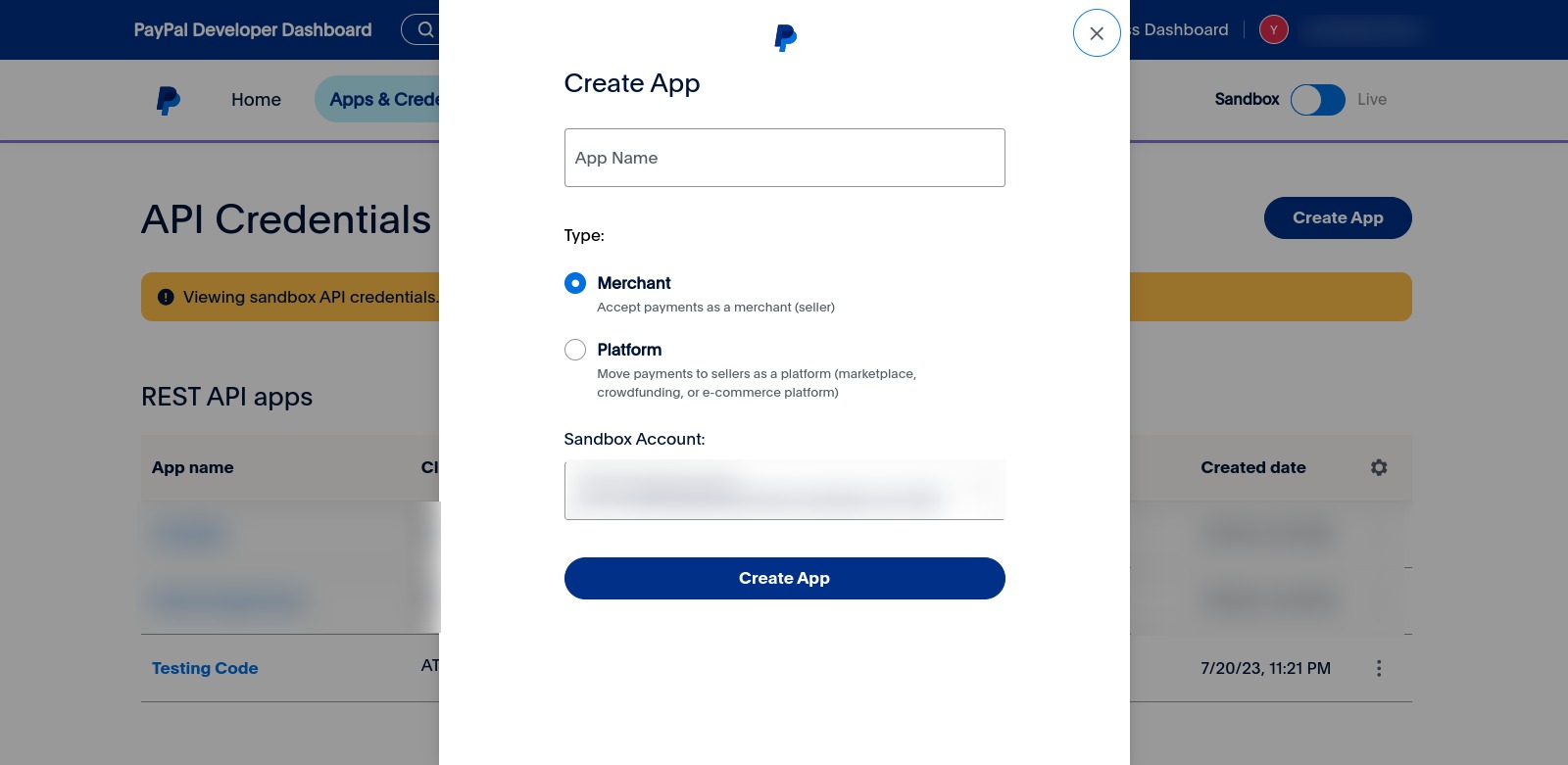 PayPal Business Account - Create App