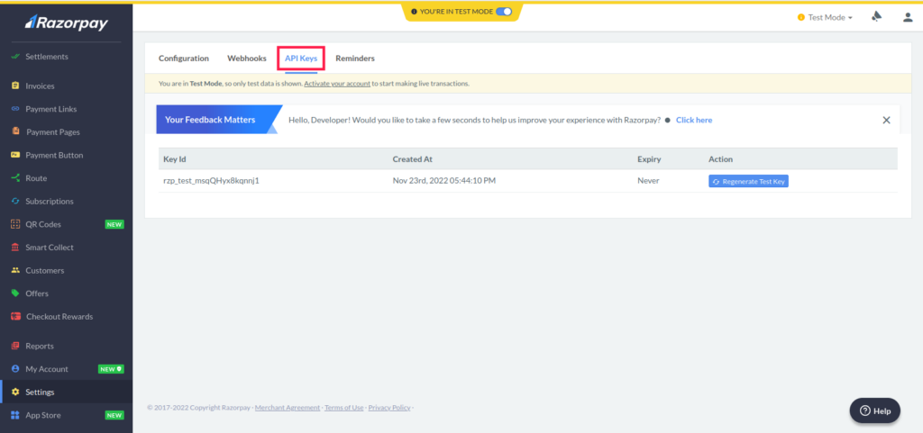 Razorpay Developer - Api Keys