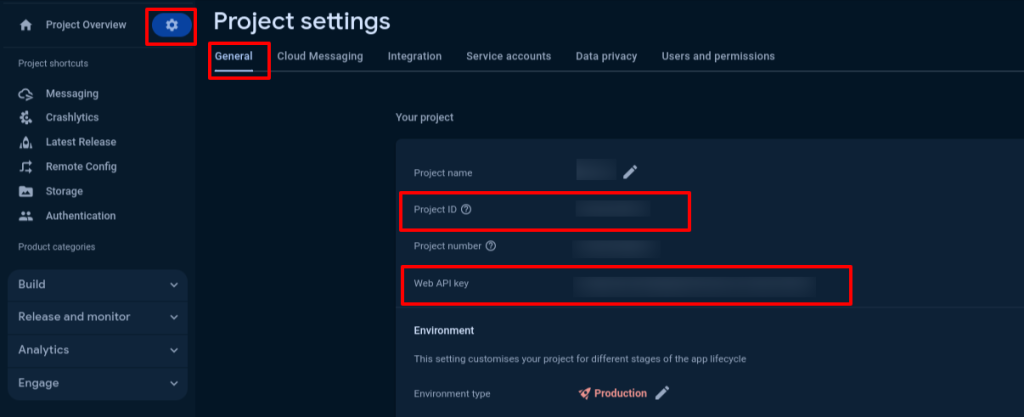 Firebase Project Settings