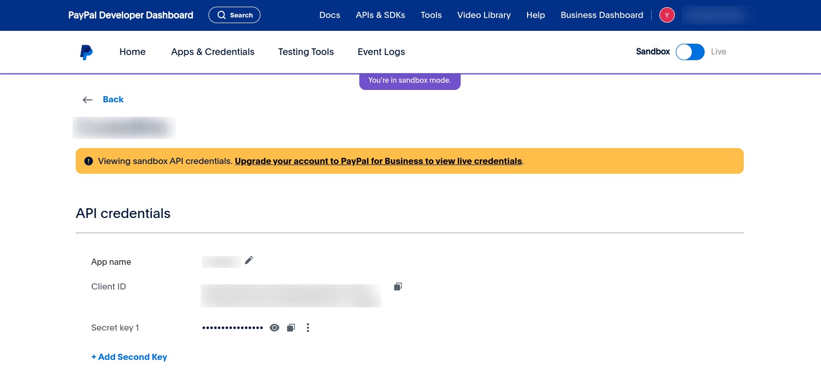 PayPal Business Account - App Credentials