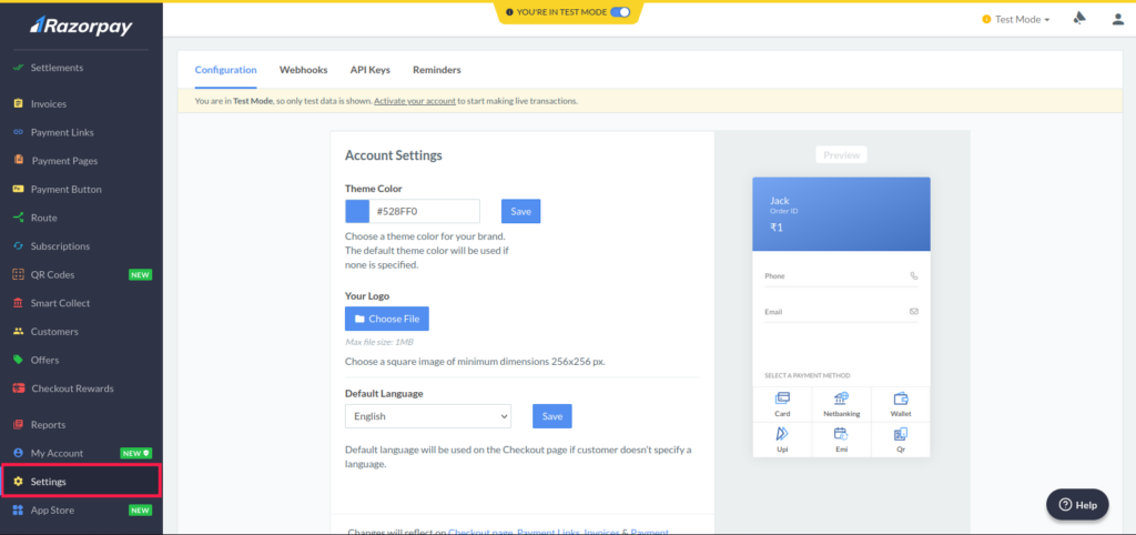 Razorpay Developer - Settings