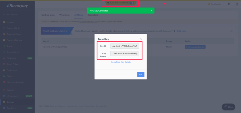Razorpay Developer - Test Mode Keys